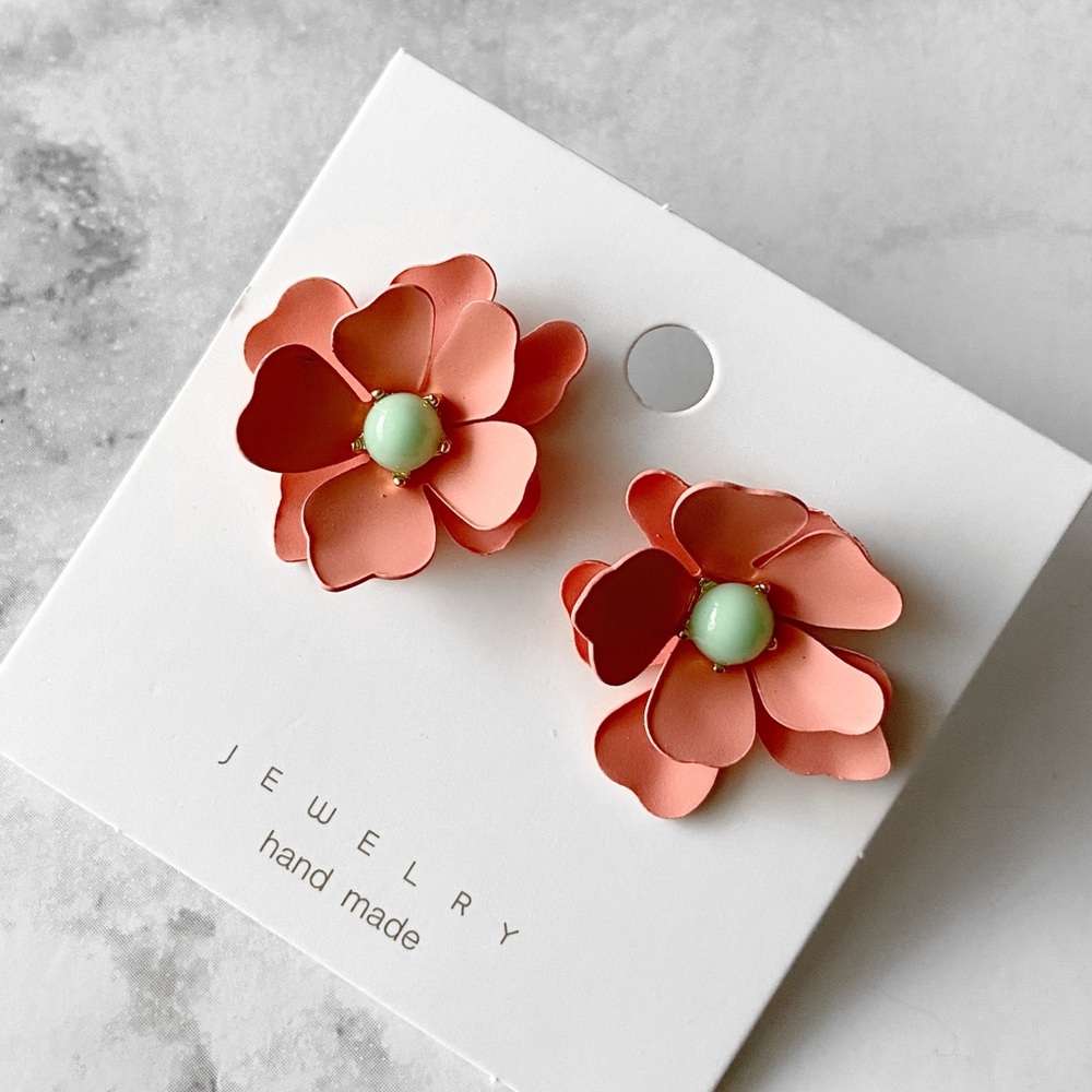 Megan Flower Stud Earrings in Coral and Mint - Picture 2 of 5
